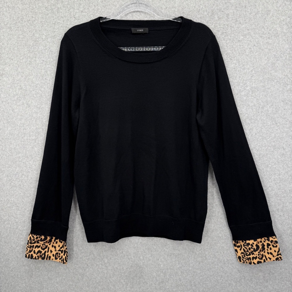 J. Crew‎ Tippi Black Sweater with leopard-print cuffs Merino Wool Medium